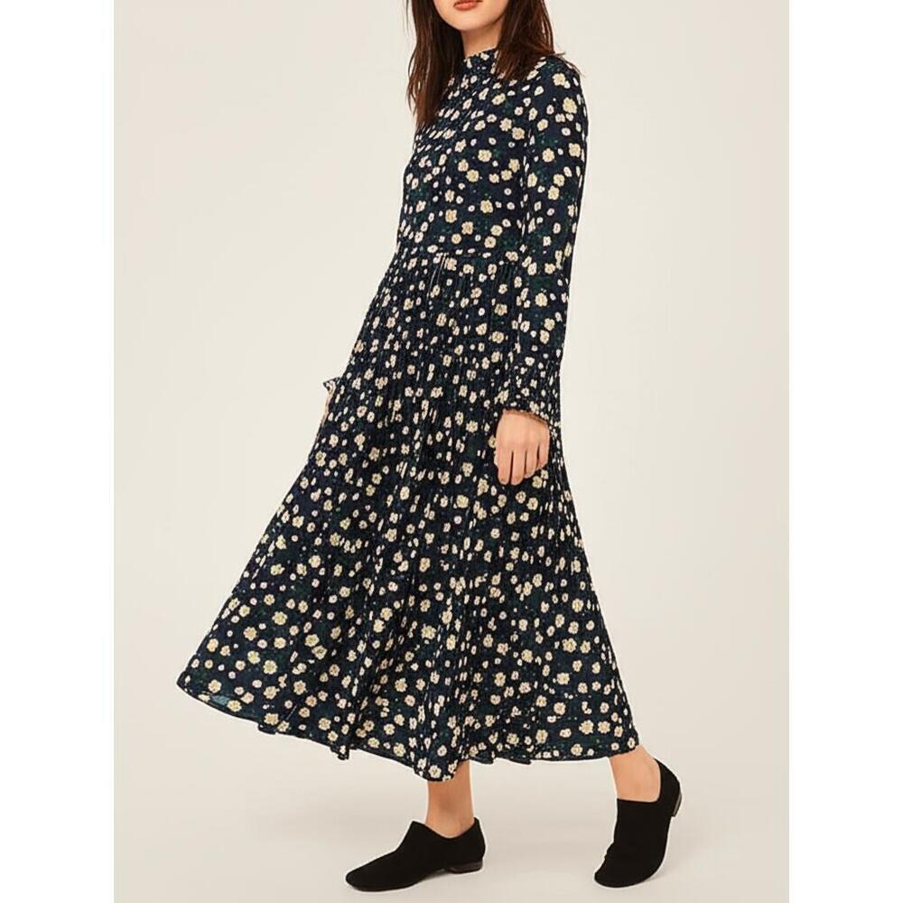Draper James Dress Womens Size M Navy Blue Floral Tiered Ruffled Mock Neck Boho - Picture 3 of 8